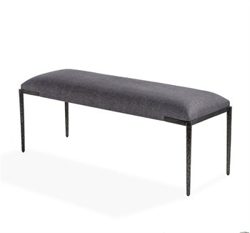 angle view of grey linen bench with iron legs