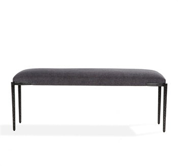 front view of grey linen bench with iron legs