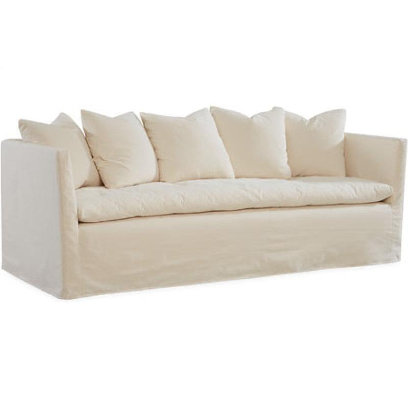 angle view of long sofa with single seat cushion in white fabric option