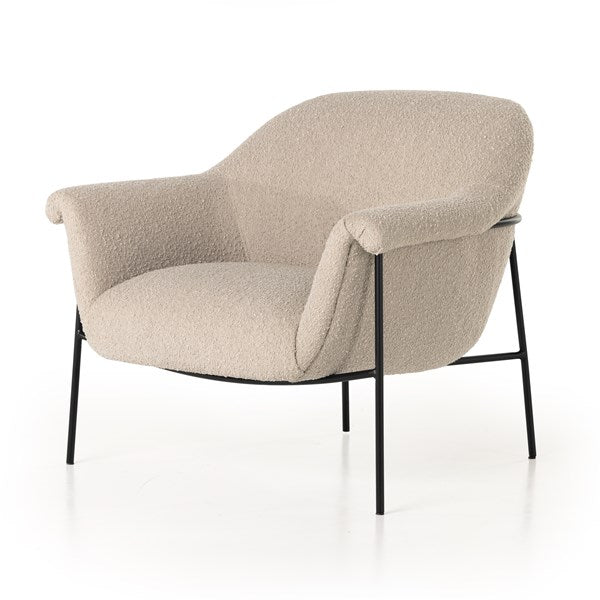 Graceful Haven Chair: Modern Curved Armchair in Performance Fabric with Sleek Iron Base