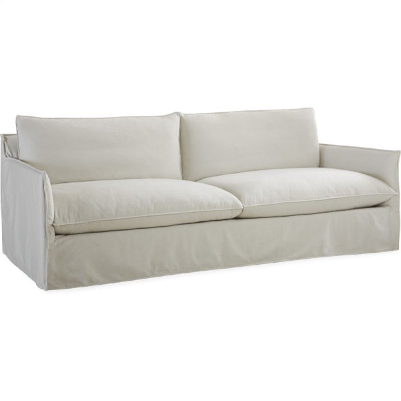 angle view of sofa with two cushions in white fabric option