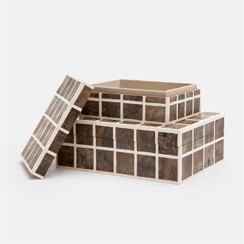 set of two boxes in brown and white checkered tile pattern