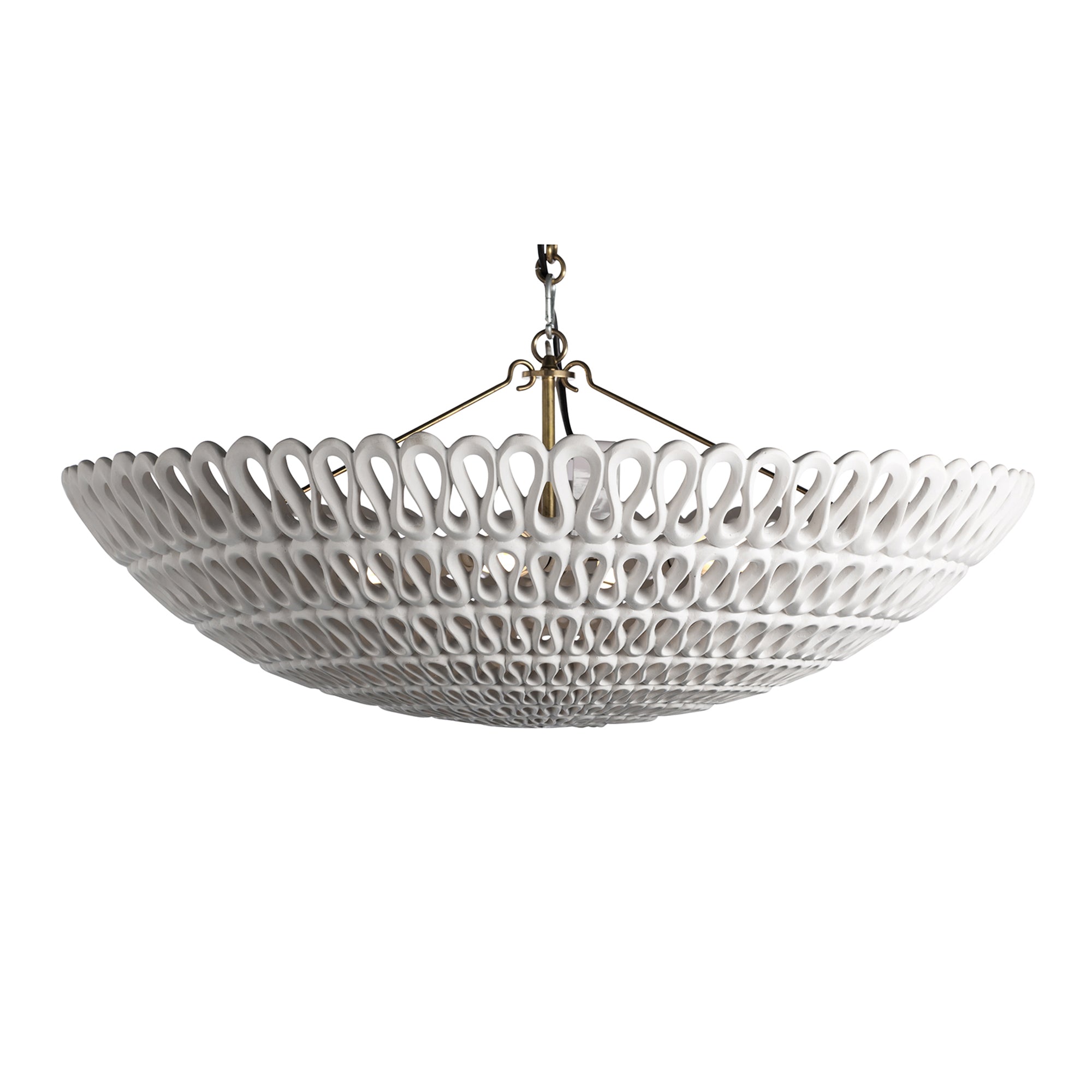 white bowl-shaped chandelier with lacy pattern