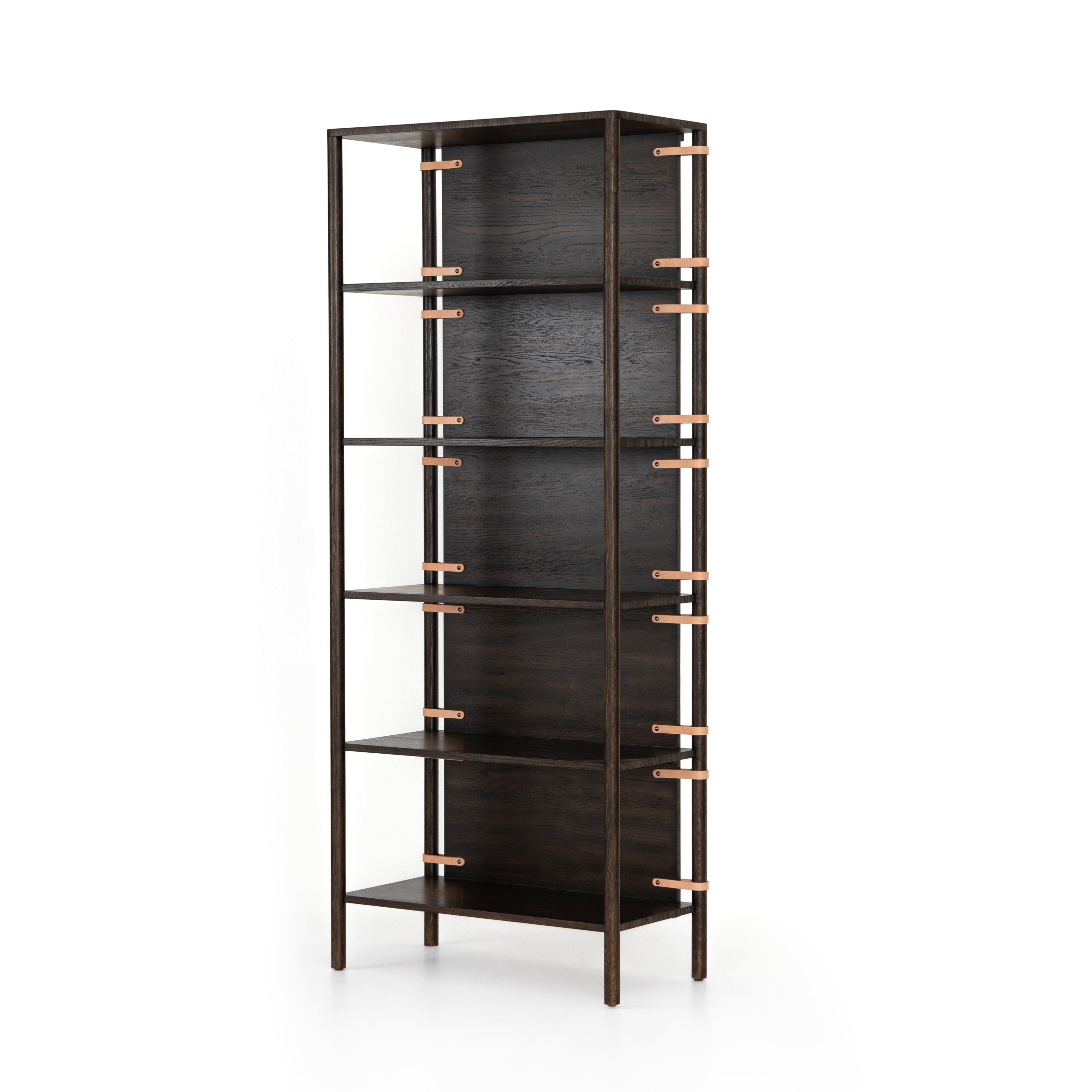 dark brown bookshelf with floating back panel and leather details