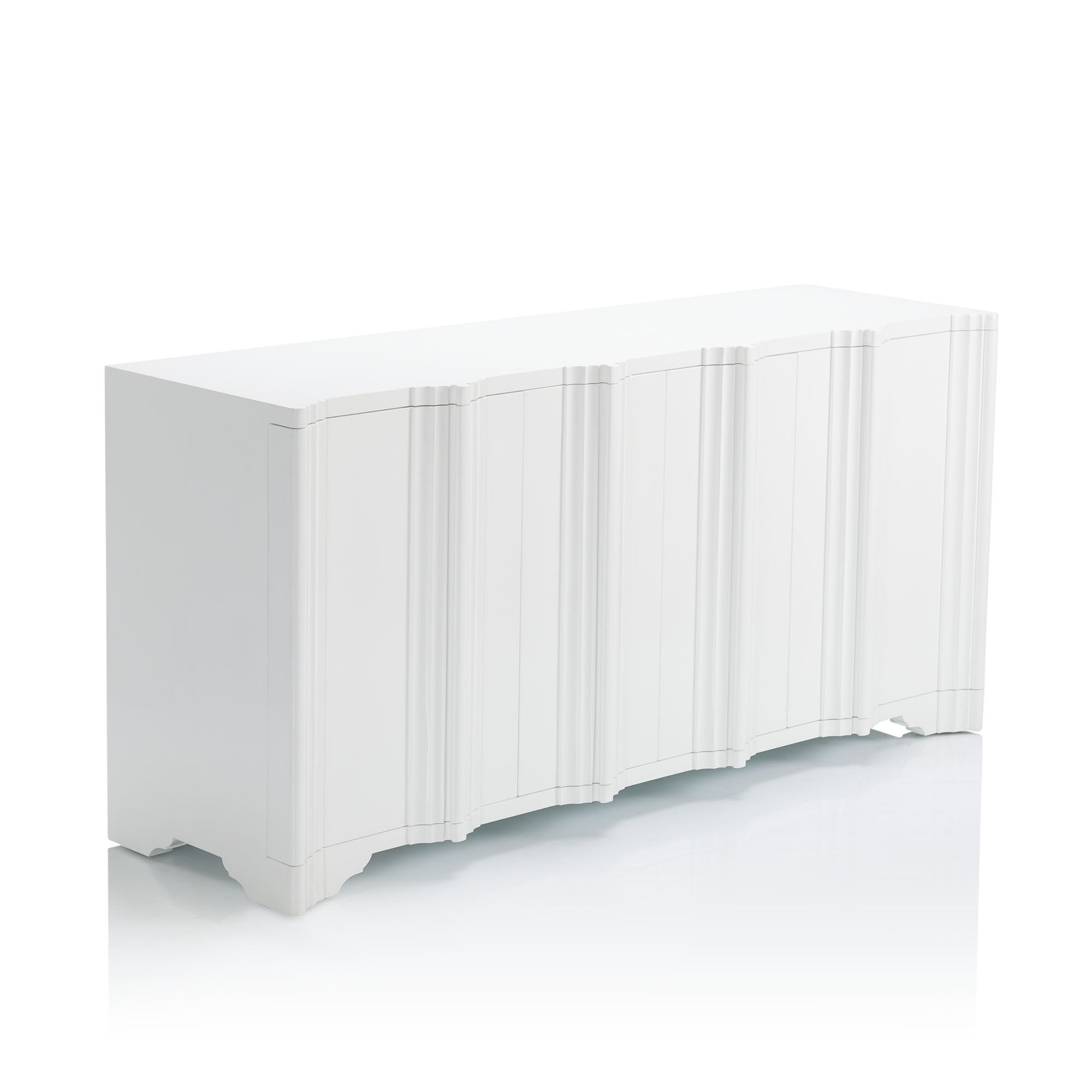 angel view of white enamel buffet storage case with scalloped detail