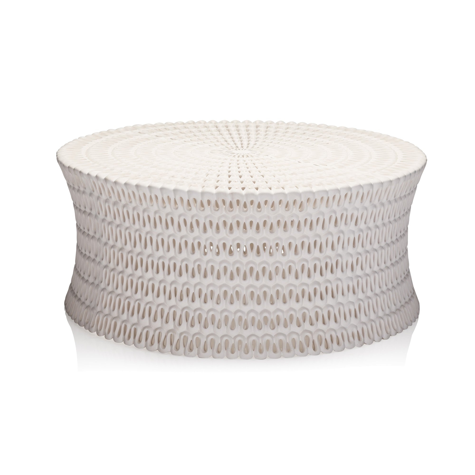 white resin cocktail table with lacy pattern in smaller size option
