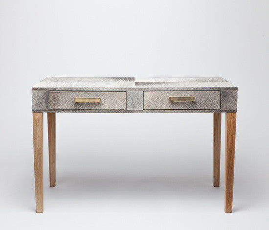 grey textured desk with wooden legs and two drawers