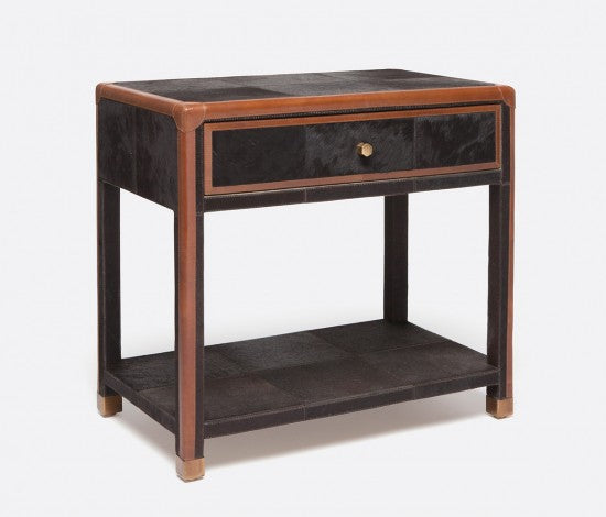 wide, black and brown nightstand with one drawer