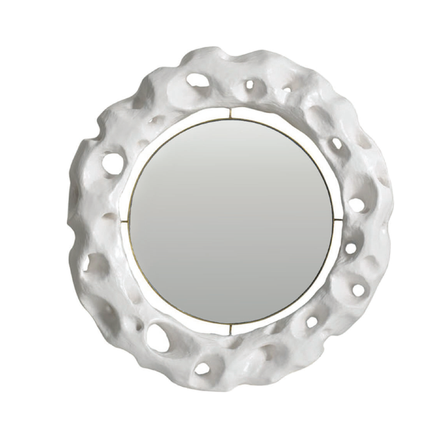round mirror with lunar-inspired white frame