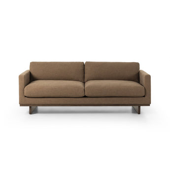Contemporary Taupe Track Arm Sofa Featuring Performance Fabric Upholstery and Cocoa-Finished Parawood Bas