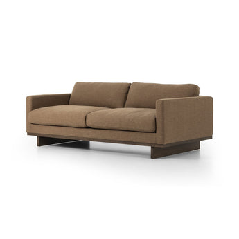 Contemporary Taupe Track Arm Sofa Featuring Performance Fabric Upholstery and Cocoa-Finished Parawood Bas