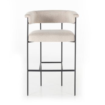 Lustrous Wooden Seat Yoke Back Stool: Sophisticated Fabric & Leather Seat and Slim Matte Black Iron Frame