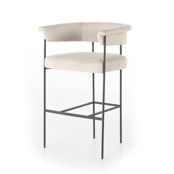 Lustrous Wooden Seat Yoke Back Stool: Sophisticated Fabric & Leather Seat and Slim Matte Black Iron Frame