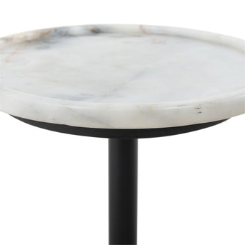 Sculptural Marble Accent Table: Modern Round Tray-Style Top with Slim Iron Pipe Base