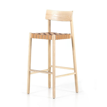 Elegant Basketweave Stool: Classic Pattern with Natural Ash Frame and Leather Blend Seat