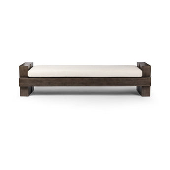 Twin Pillar Wood Accent Bench with Modern Webbing Seat and Removable Soft Cushioned Alcala Cream Performance Fabric