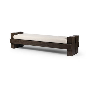 Twin Pillar Wood Accent Bench with Modern Webbing Seat and Removable Soft Cushioned Alcala Cream Performance Fabric