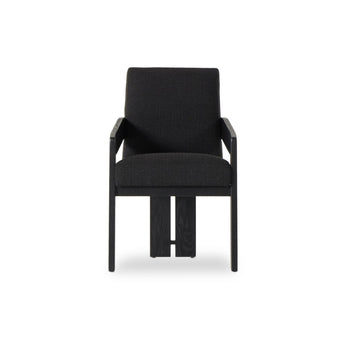 Monochrome Angular Dining Armchair: Webbing Seat Butterfly Joints in Parawood Oak and Performance Fabric