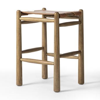 French Spindle Leather Backless Stool - Luxuriously Comfortable Dakota Tobacco Seat on Elegant Toasted Parawood