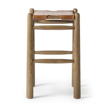 French Spindle Leather Backless Stool - Luxuriously Comfortable Dakota Tobacco Seat on Elegant Toasted Parawood