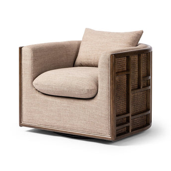 Tatami Tranquility Swivel Chair: Textural Cane Frame & Vintage Parawood Paneling