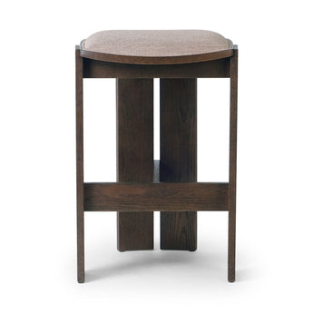 Drifted Oak Backless Stool: Three-Leg Modern Elegance with Ergonomic Curved Seat and Performance Fabric