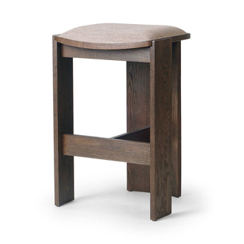 Drifted Oak Backless Stool: Three-Leg Modern Elegance with Ergonomic Curved Seat and Performance Fabric