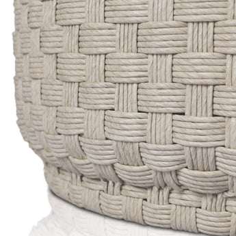 Drum-Shaped Outdoor End Table: Distressed Bronze, Water-Transfer Concrete, and Textured Box Weave