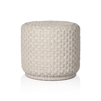 Drum-Shaped Outdoor End Table: Distressed Bronze, Water-Transfer Concrete, and Textured Box Weave