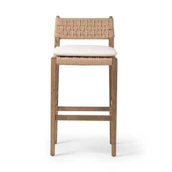 Twisted Cord Oak Bar and Counter Stool: Rustic Oak Charm Woven Seat with Dover Crescent Fabric Cushion