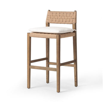 Twisted Cord Oak Bar and Counter Stool: Rustic Oak Charm Woven Seat with Dover Crescent Fabric Cushion