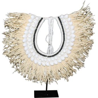 Grass & Shell Neckace on Stand-beige, white 18"x3"x19"