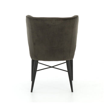 Snug-Fit Wingback Dining Chai: Modern Comfort in Smoke Fabric with Cone-Tapered Angular Iron Legs