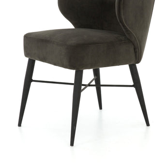 Snug-Fit Wingback Dining Chai: Modern Comfort in Smoke Fabric with Cone-Tapered Angular Iron Legs