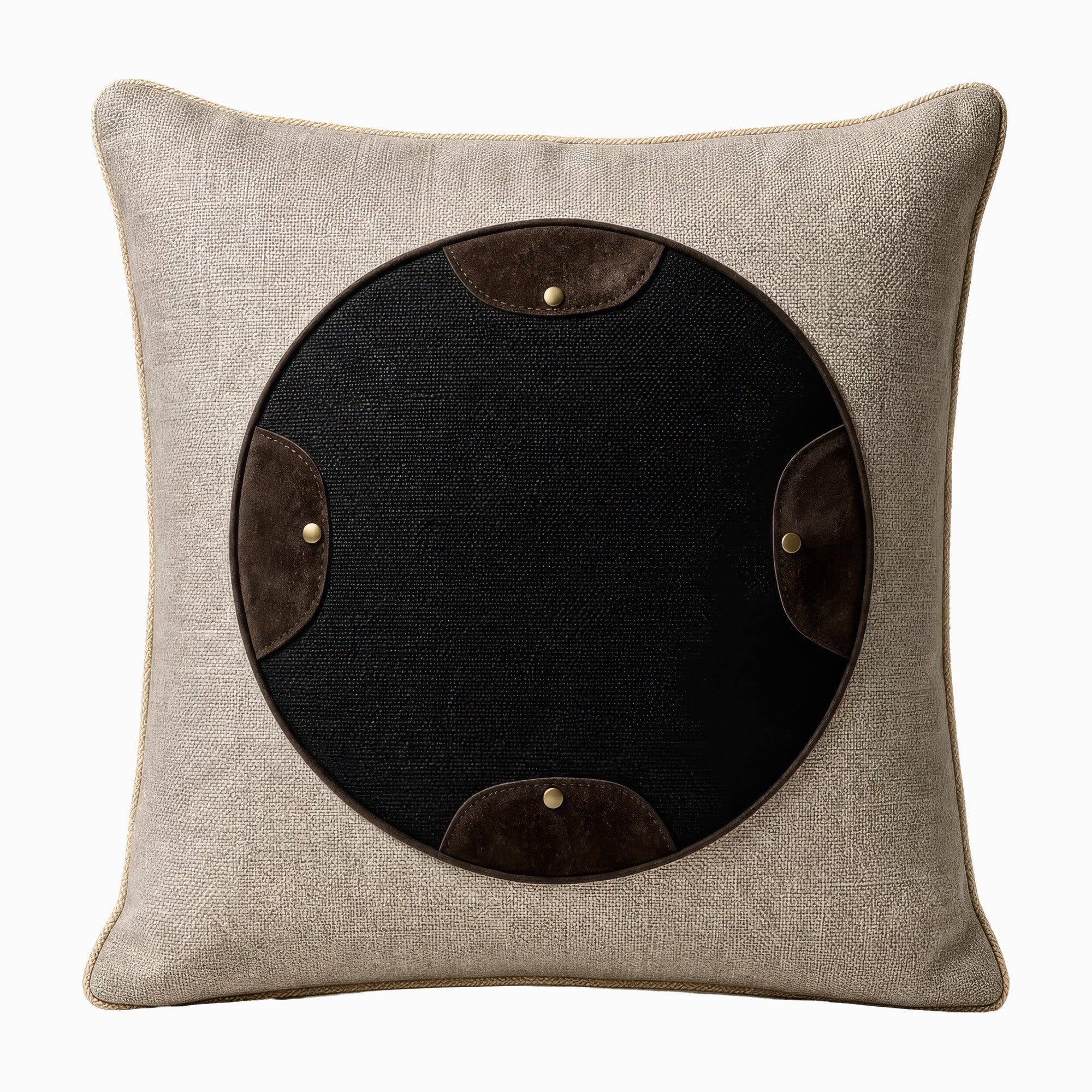 Natural Bandero Linen Throw Pillow with Suede & Brass Tacks – natural linen with black center circle