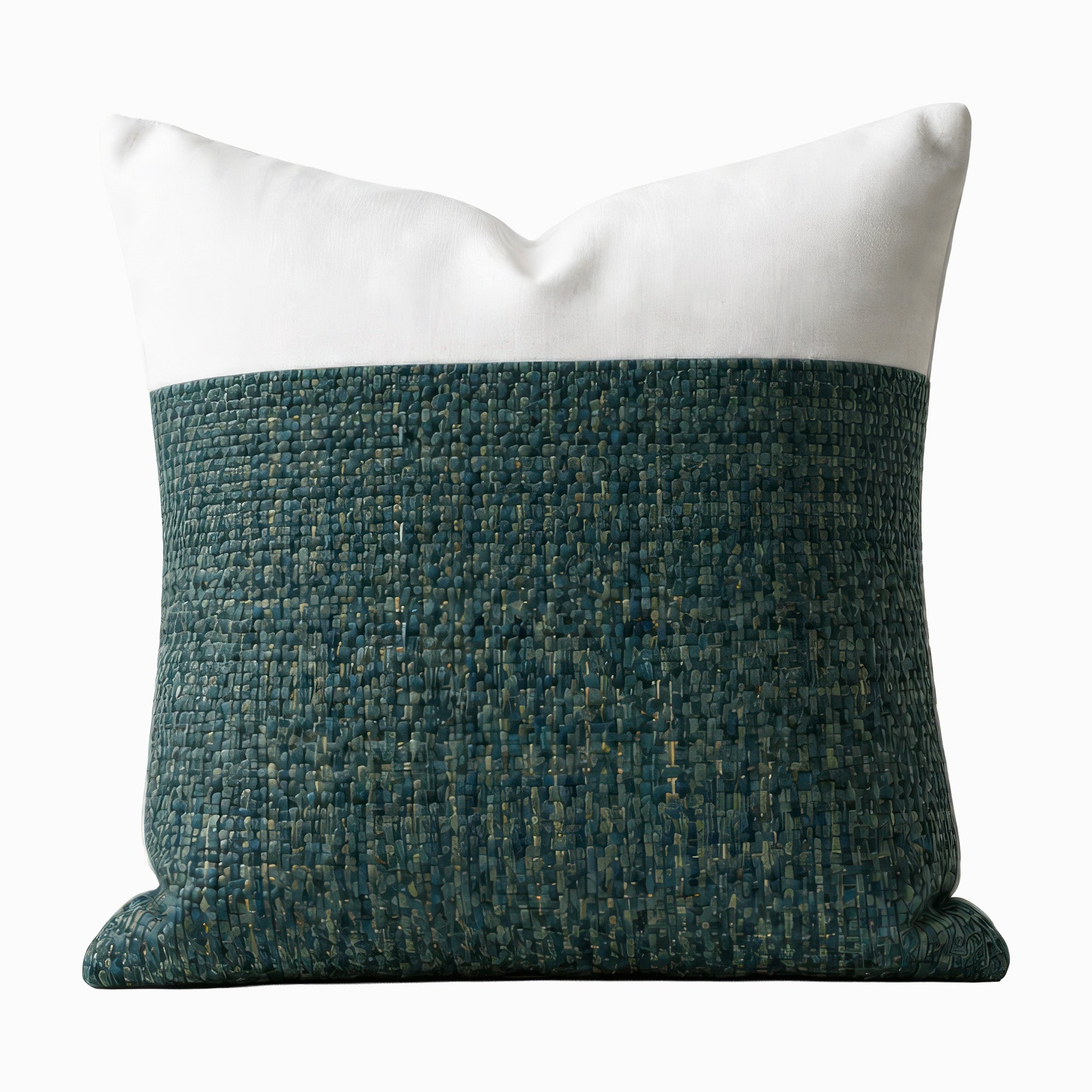 Seaweed Green Cabane 3/4 Raffia & Linen Throw Pillow – white linen with seaweed raffia, 3/4 face