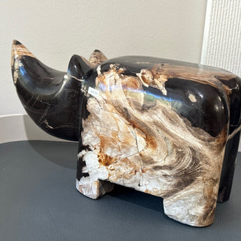 Petrified Wood Rhino Sculpture – Hand-Carved Fossil Decor