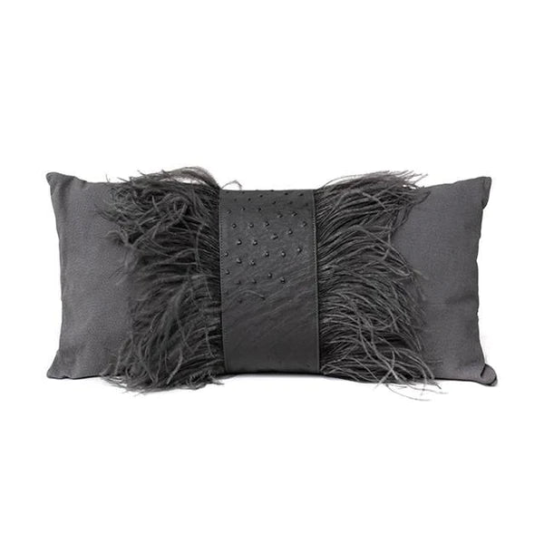 Ostrich Leather Inset Pillow with Feather Trim on Suede