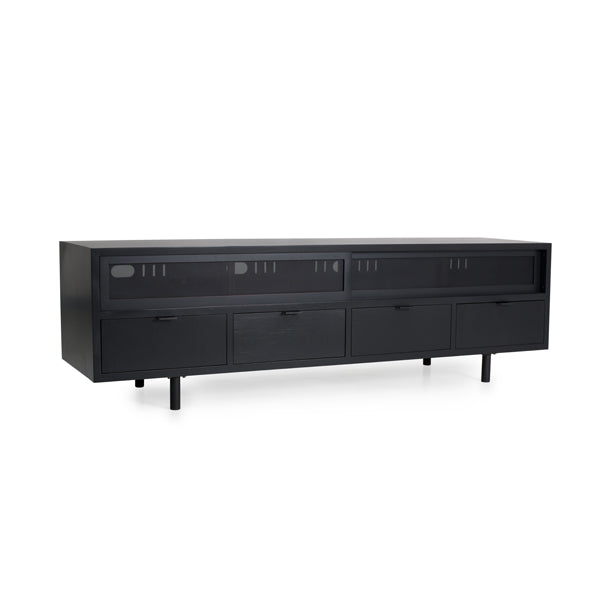 angle view of long media cabinet in black color option