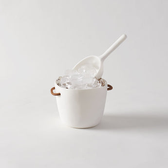 ice scoop shown inside small matching bucket filled with ice