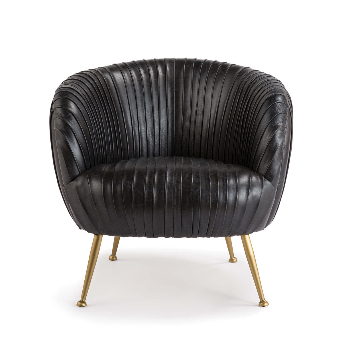 black pleated leather chair with brass legs