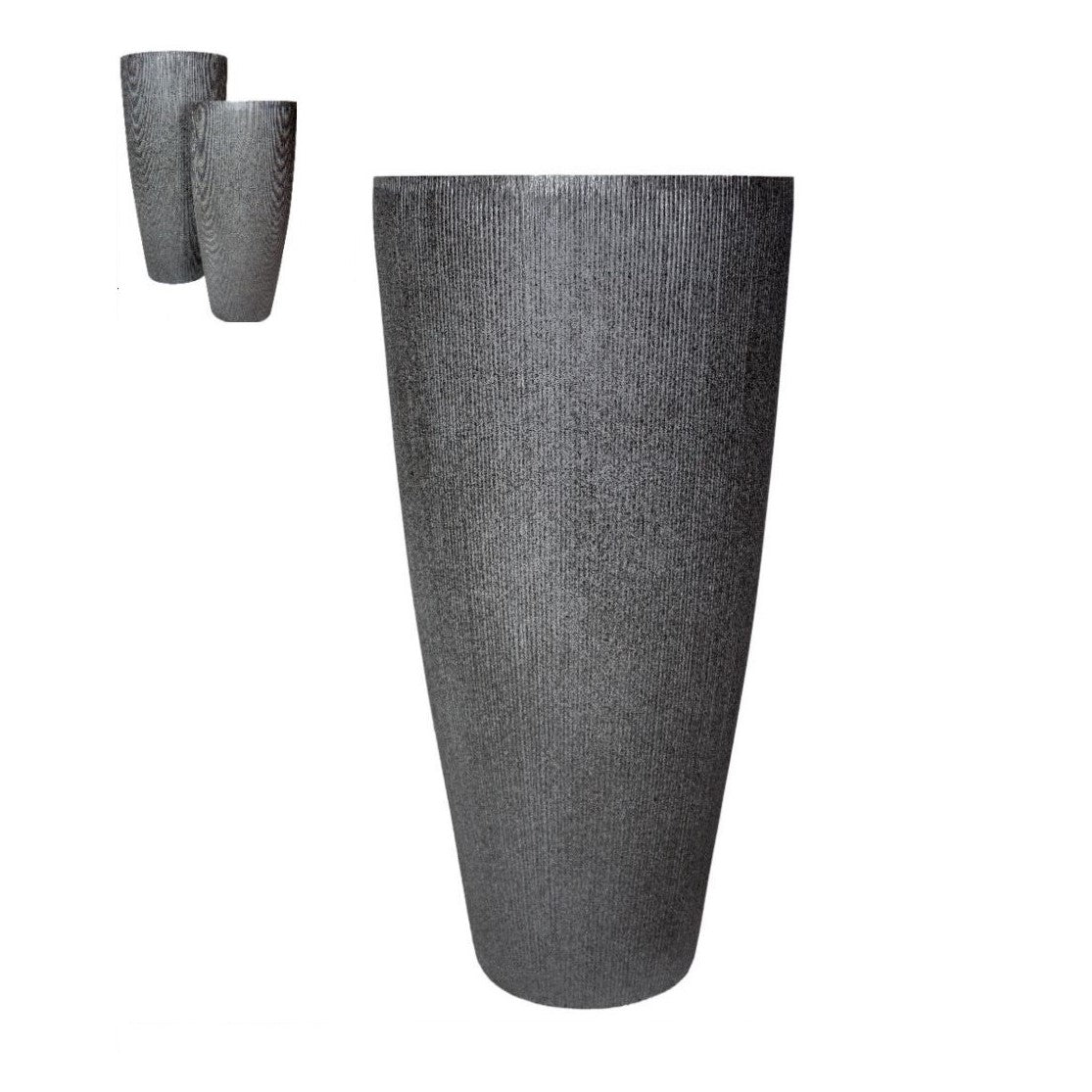dark gray conical planter with smaller image of two more of the same planter