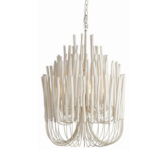 white chandelier made with thin wooden sticks on curved iron arms