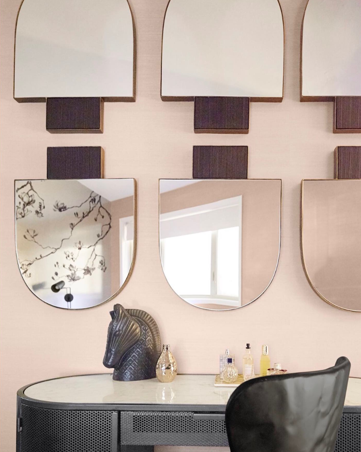 Arteriors Lianna Mirror with hammered gold frame and black marble crown