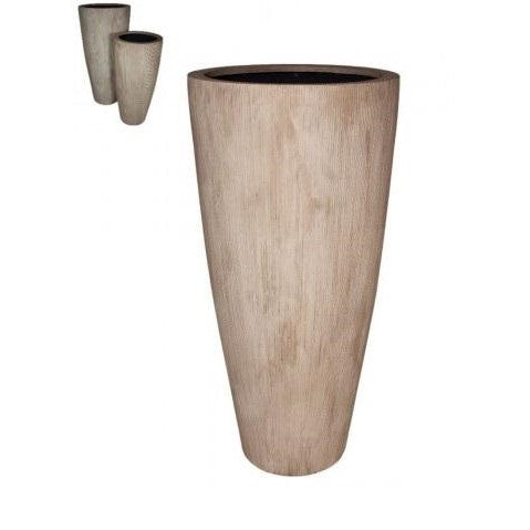 beige conical planter with smaller image of two more of the same planter