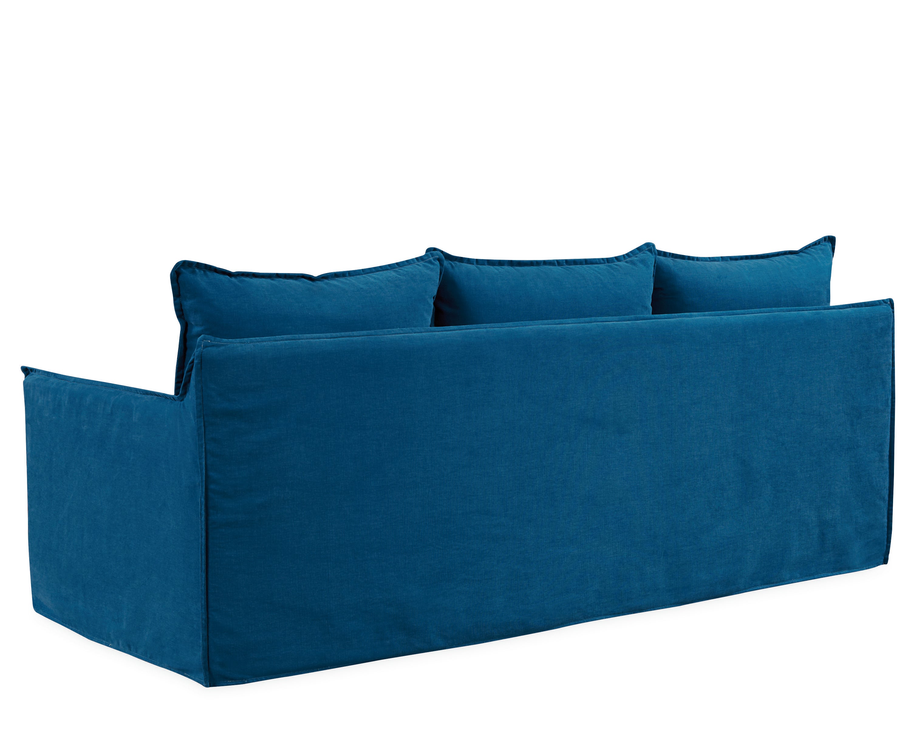 back view of sofa with three seating cushions in blue fabric option
