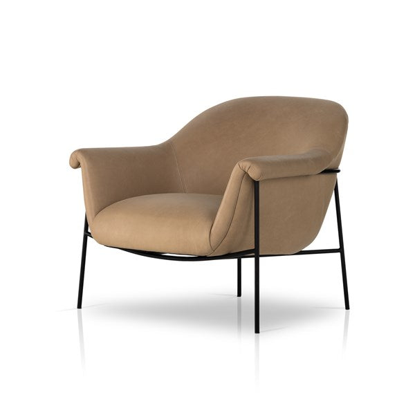 Modern Curved Top Grain Leather Armchair with Iron Cradle Base