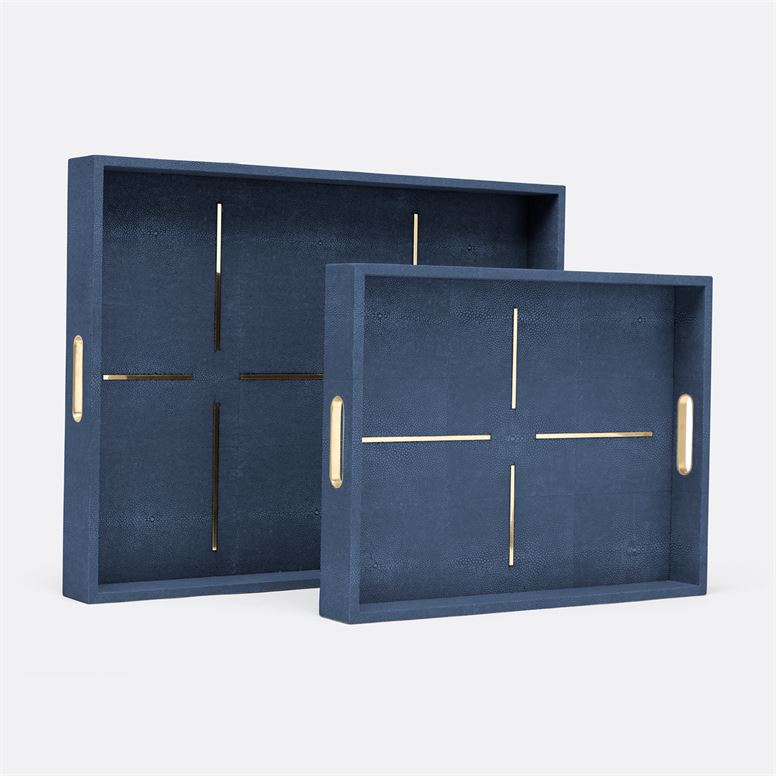 set of two dark blue trays with brass details