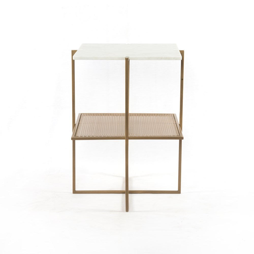 square nightstand with x-shaped polished brass base and white top