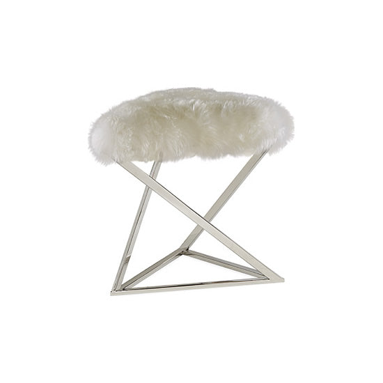 white rabbit fur stool with geometric metal base